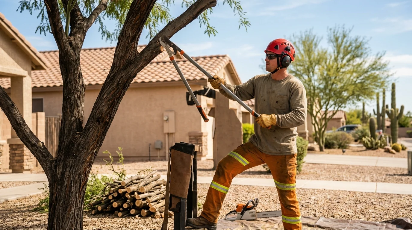 Cleared property with stacked limbs ready for haul away in Goodyear