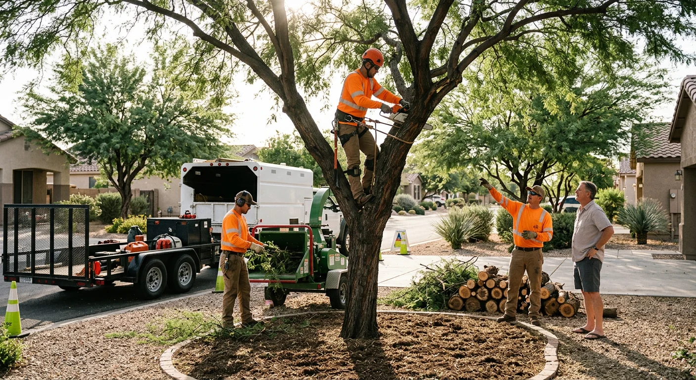 Storm damaged tree cleanup crew clearing fallen branches from a Goodyear yard