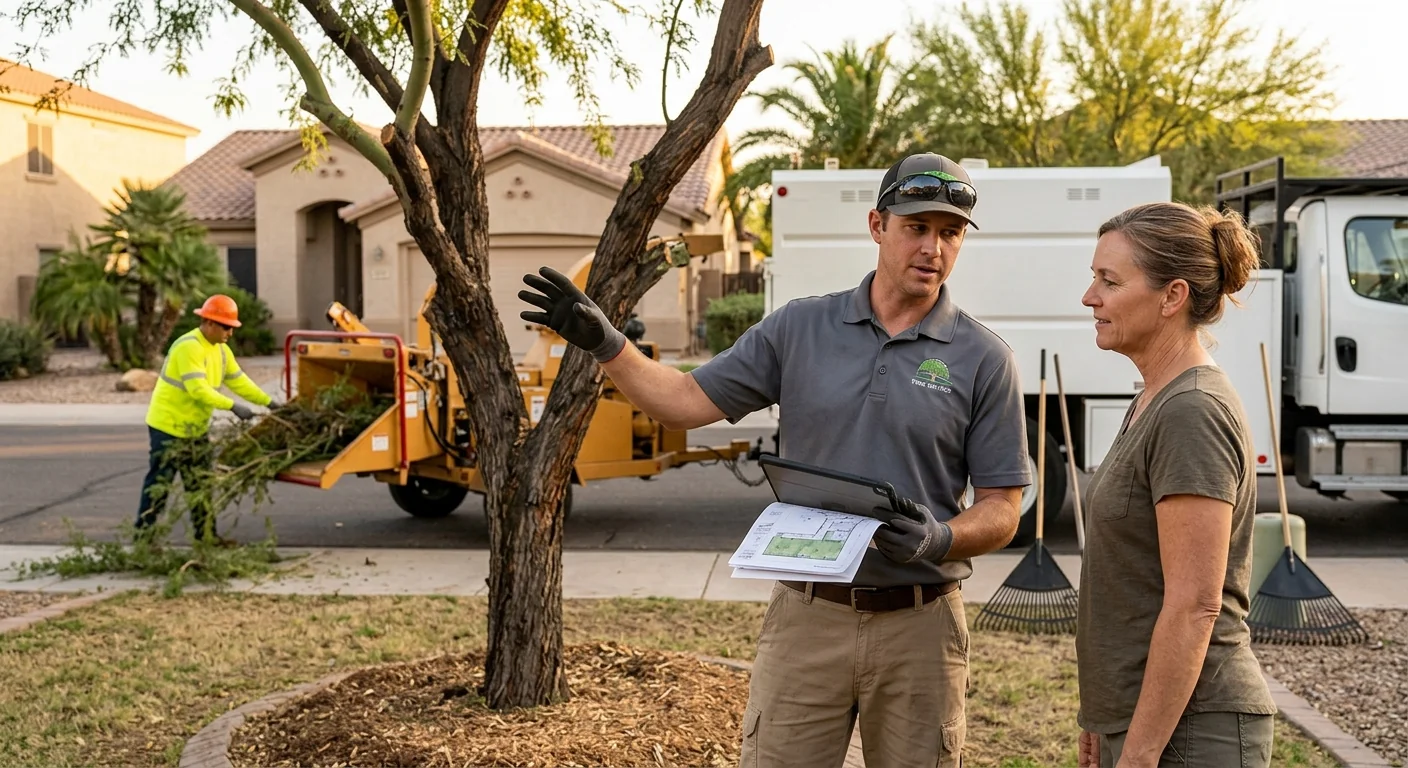 Crew clearing fallen storm-damaged tree limbs from a Goodyear residential yard