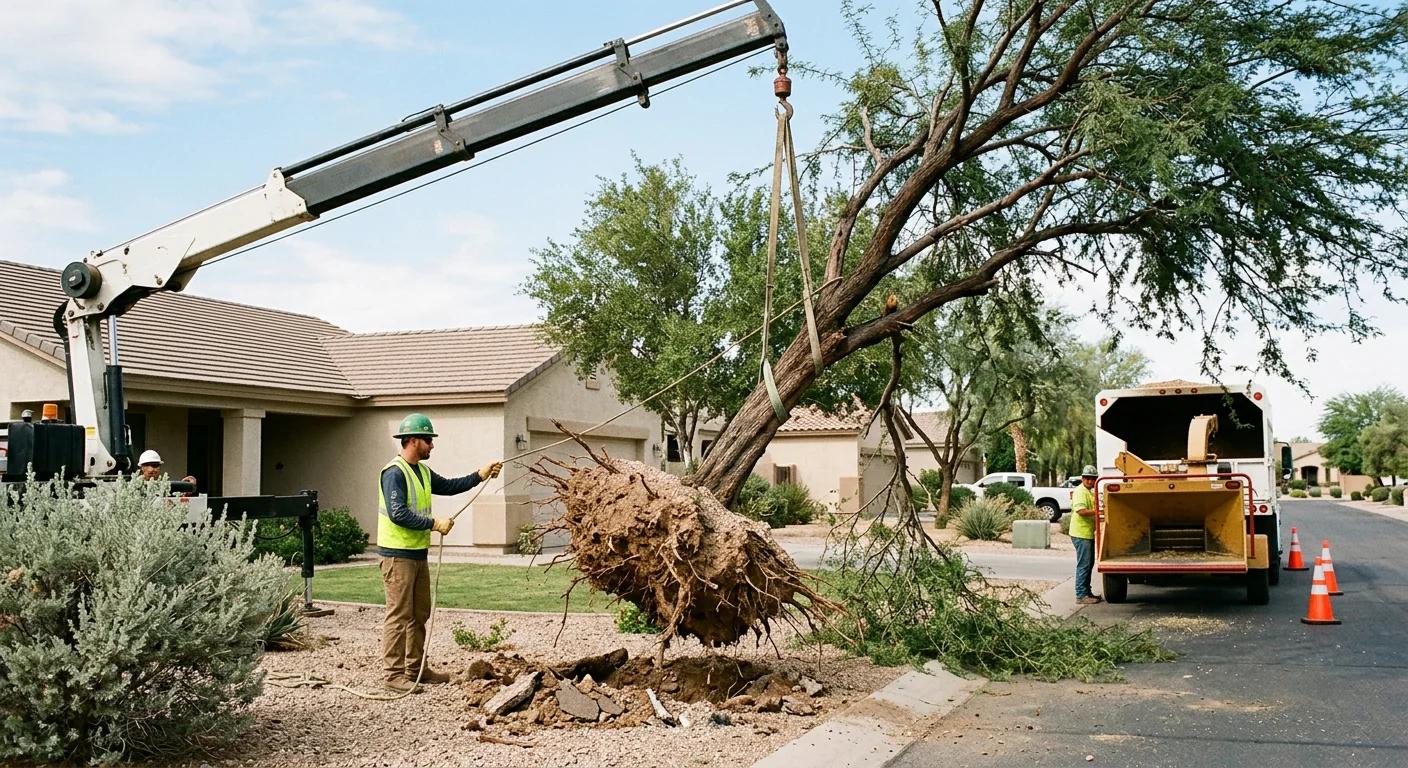 Uprooted mesquite tree being lifted by crane during Goodyear storm cleanup