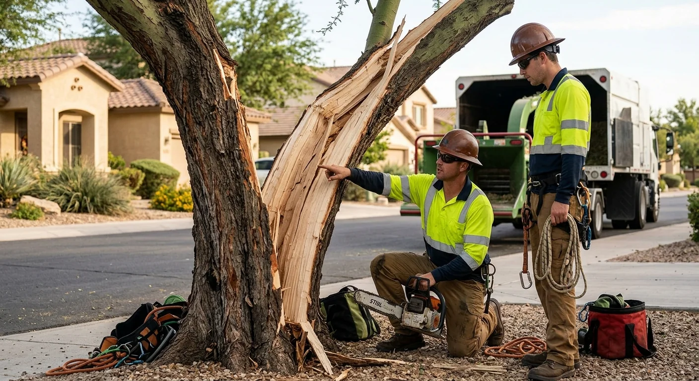 Close-up of split palo verde trunk after monsoon wind damage