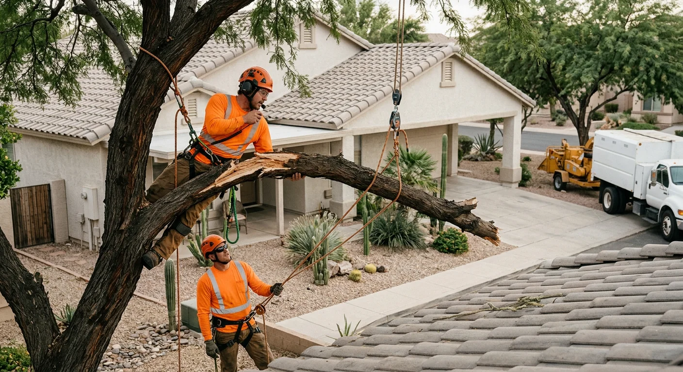 Crew rigging a broken limb section above a residential rooftop