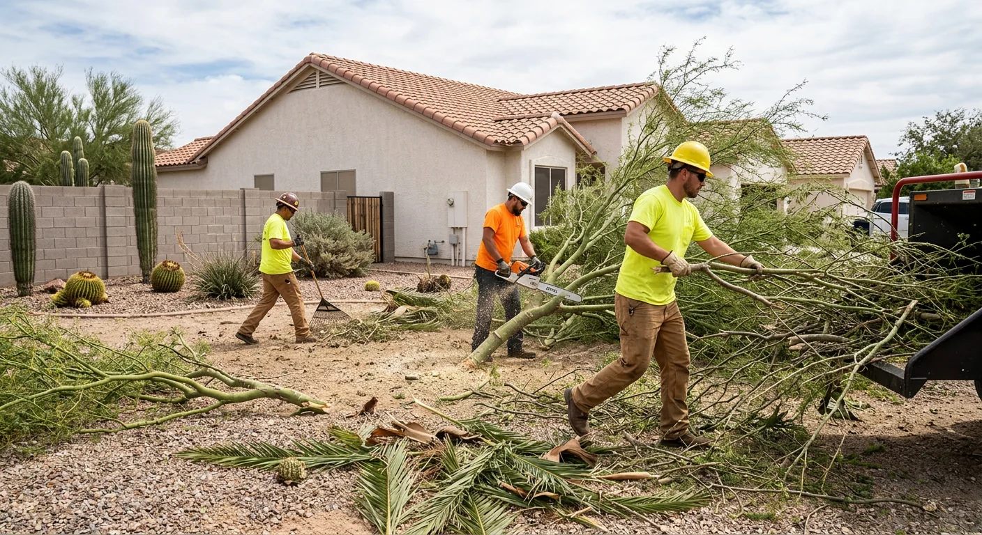 Wide shot of storm-scattered brush across a Goodyear backyard
