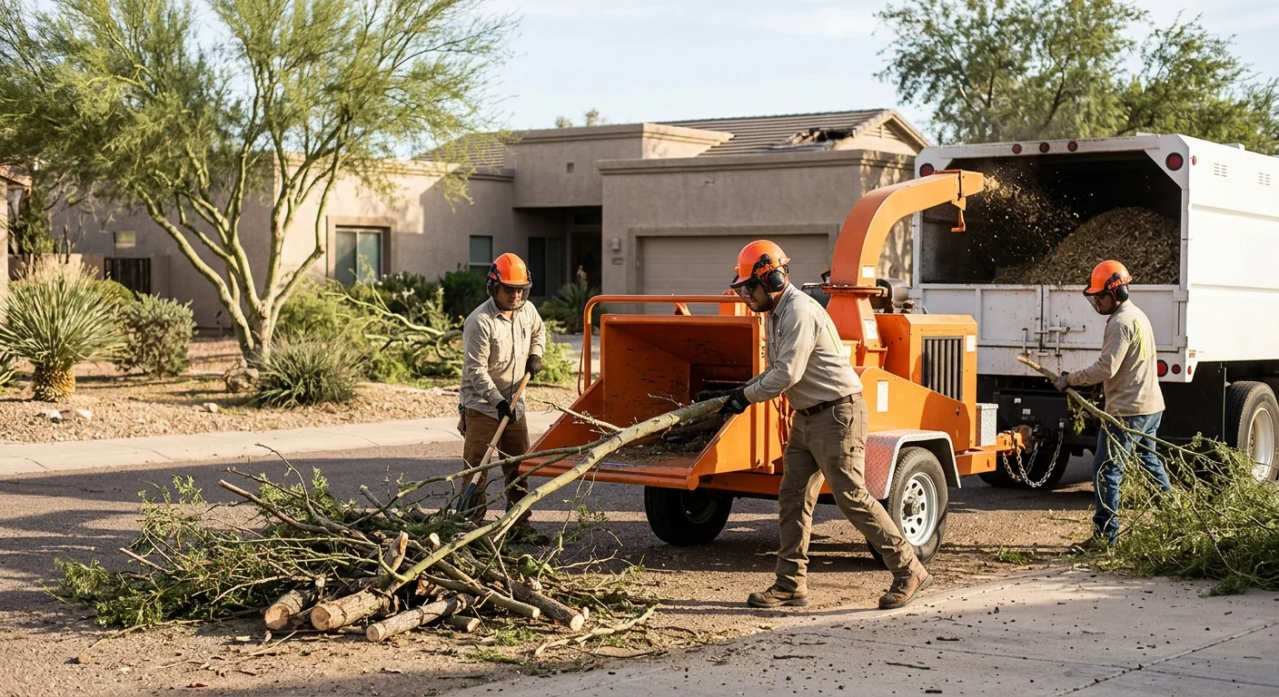 Wood chipper processing fallen storm debris on a residential lot