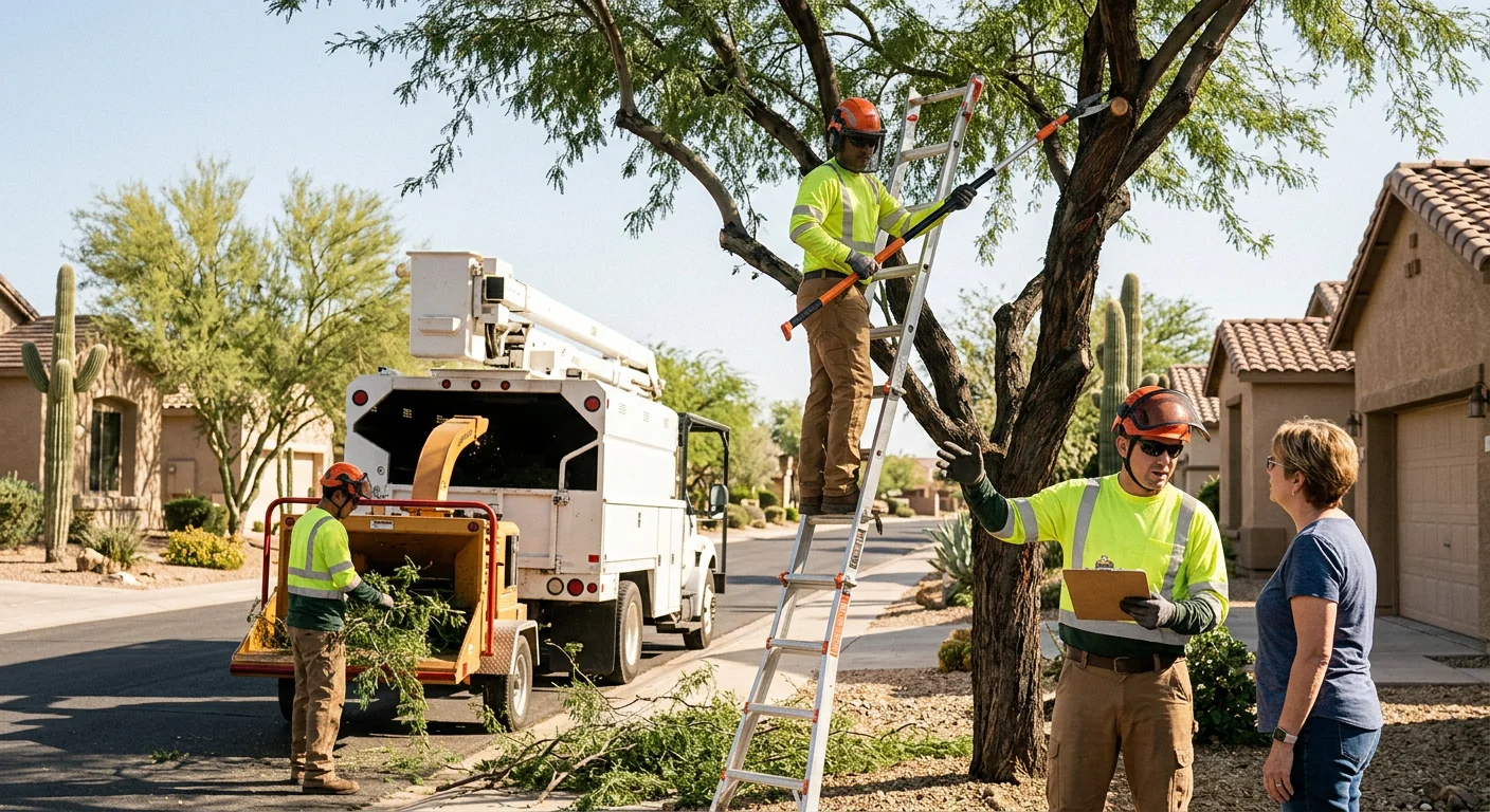 Tree crew rigging a broken storm-damaged limb for controlled removal