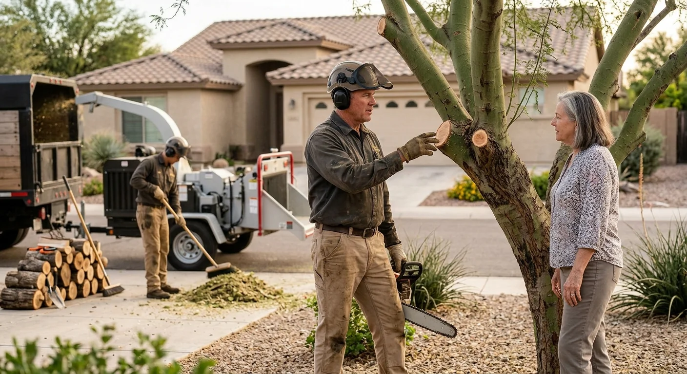 Chipper processing storm debris on a Goodyear property