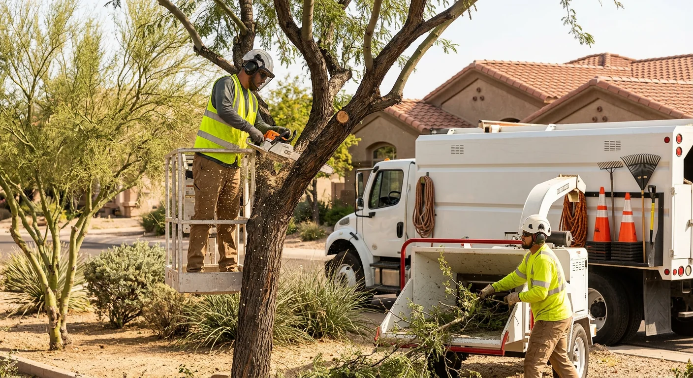 Stump grinding equipment removing a tree stump from a Goodyear yard