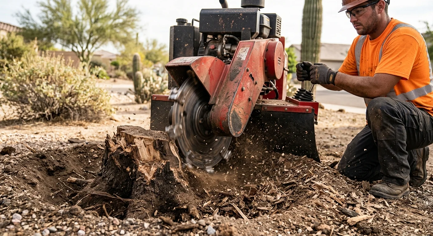 Close-up of stump grinder cutting wheel removing a hardwood stump below grade