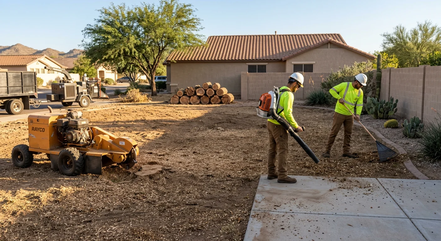 Wide shot of a cleared Goodyear backyard after stump removal and cleanup