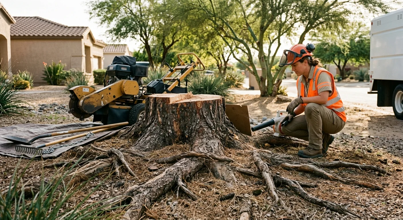 Large tree stump before grinding surrounded by exposed surface roots