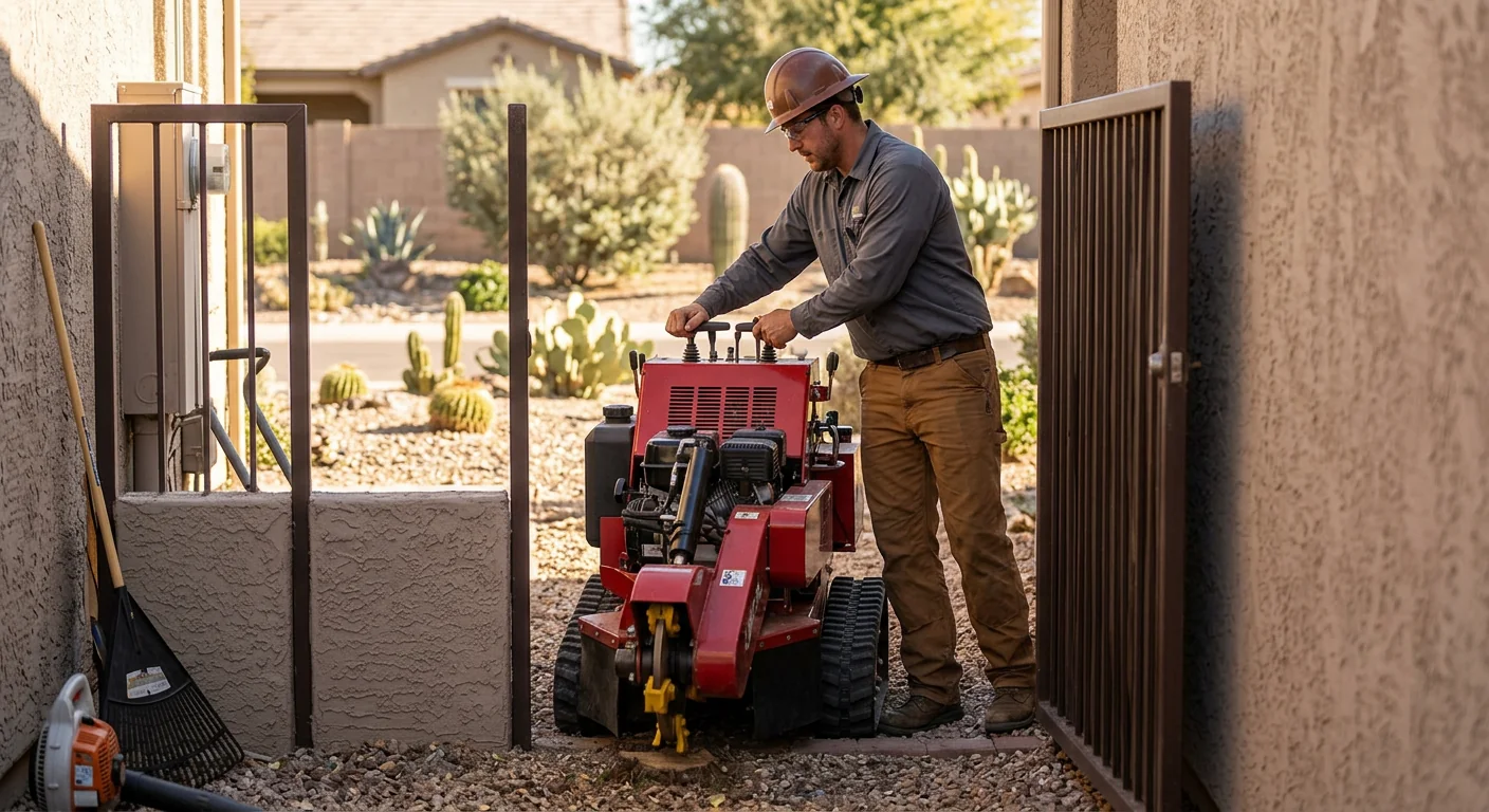 Compact stump grinder navigating a narrow side-gate access on a residential lot