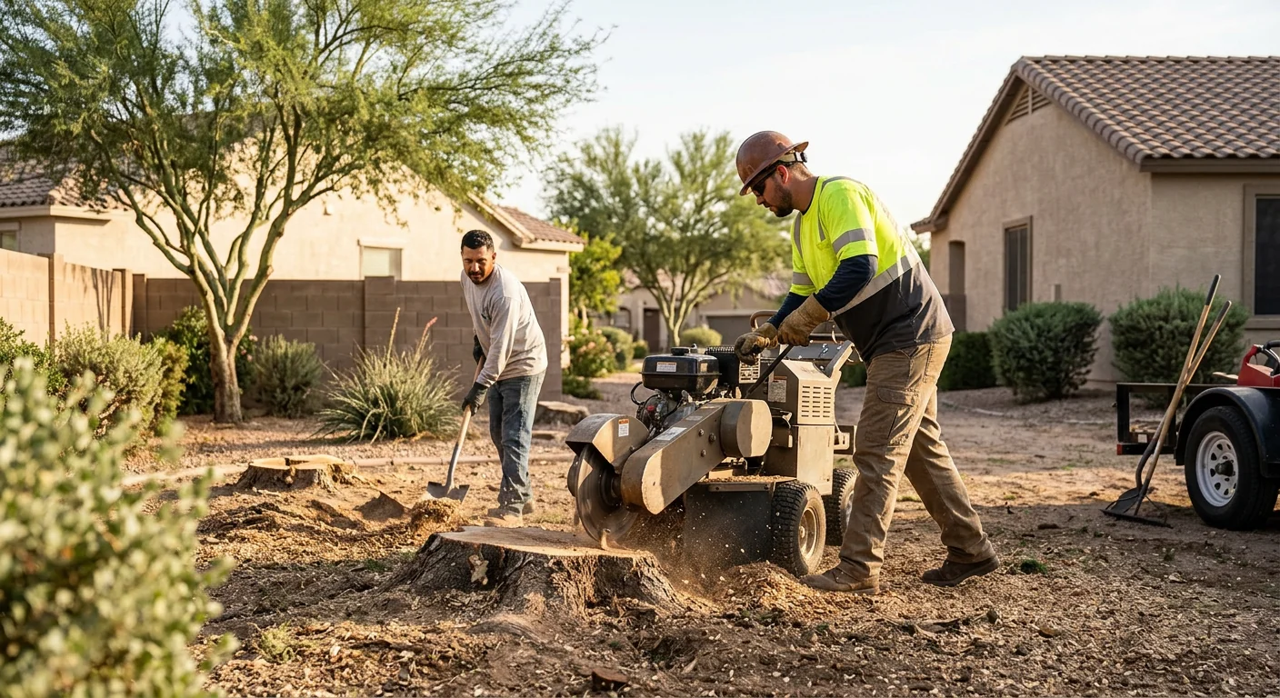 Crew grinding multiple stumps across a shared property in Goodyear