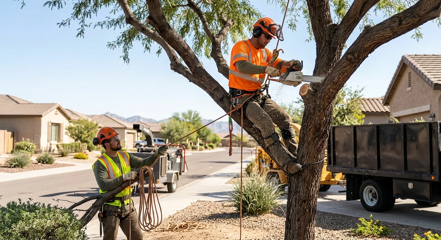 Crew grinding a stump below grade on a Goodyear residential property