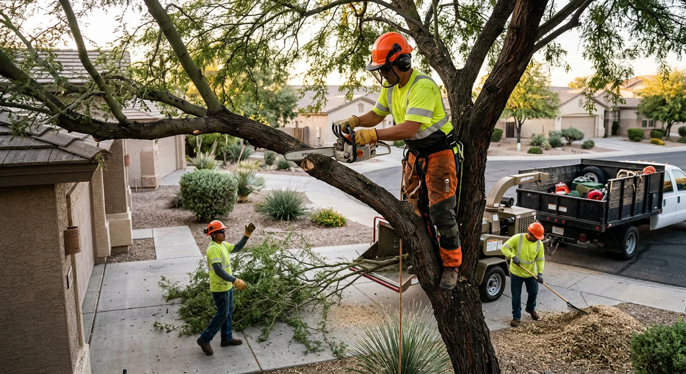 Arborist inspecting cabled tree limbs on a Goodyear residential property
