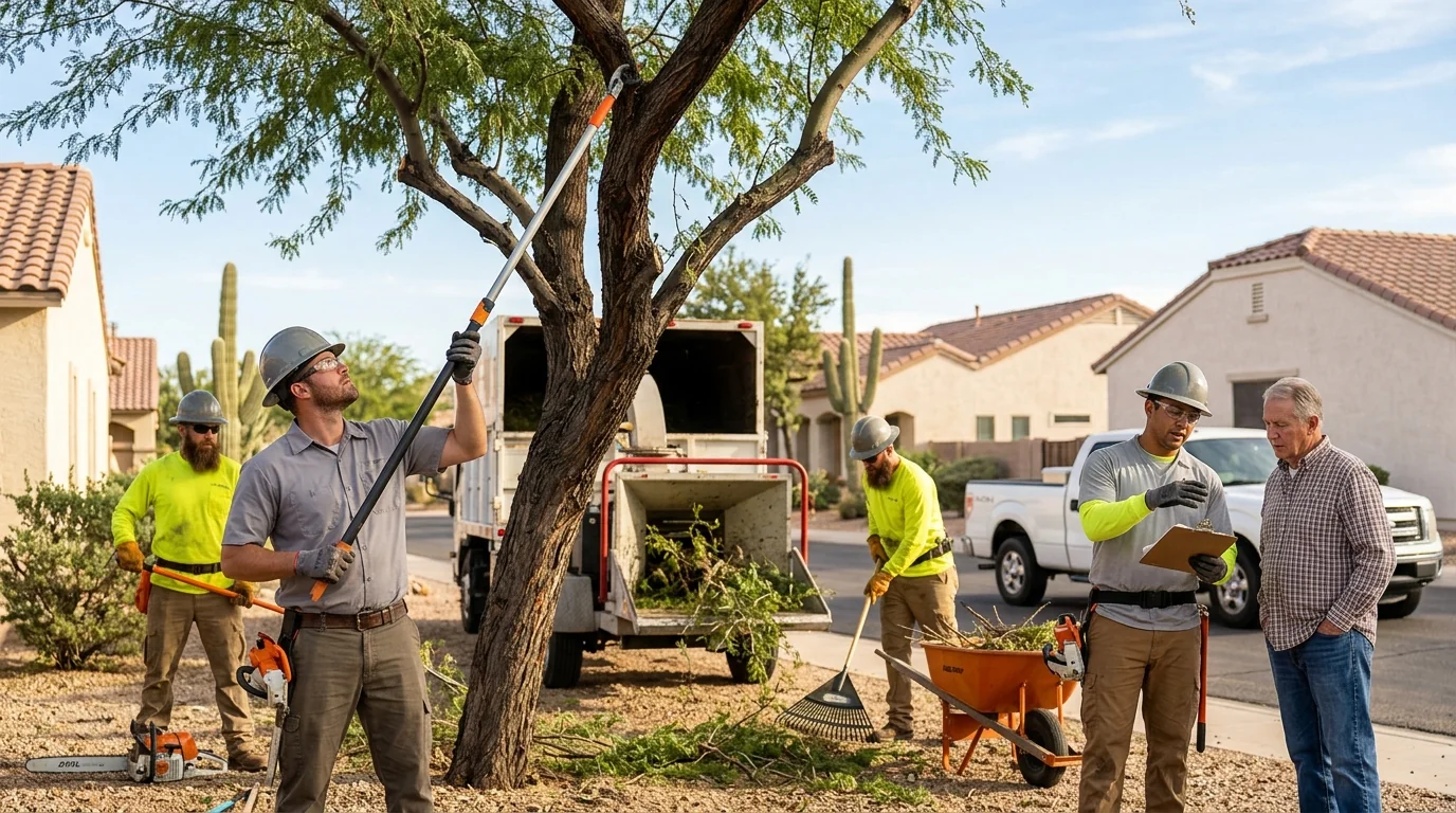 Crew member inspecting a braced trunk union on residential property