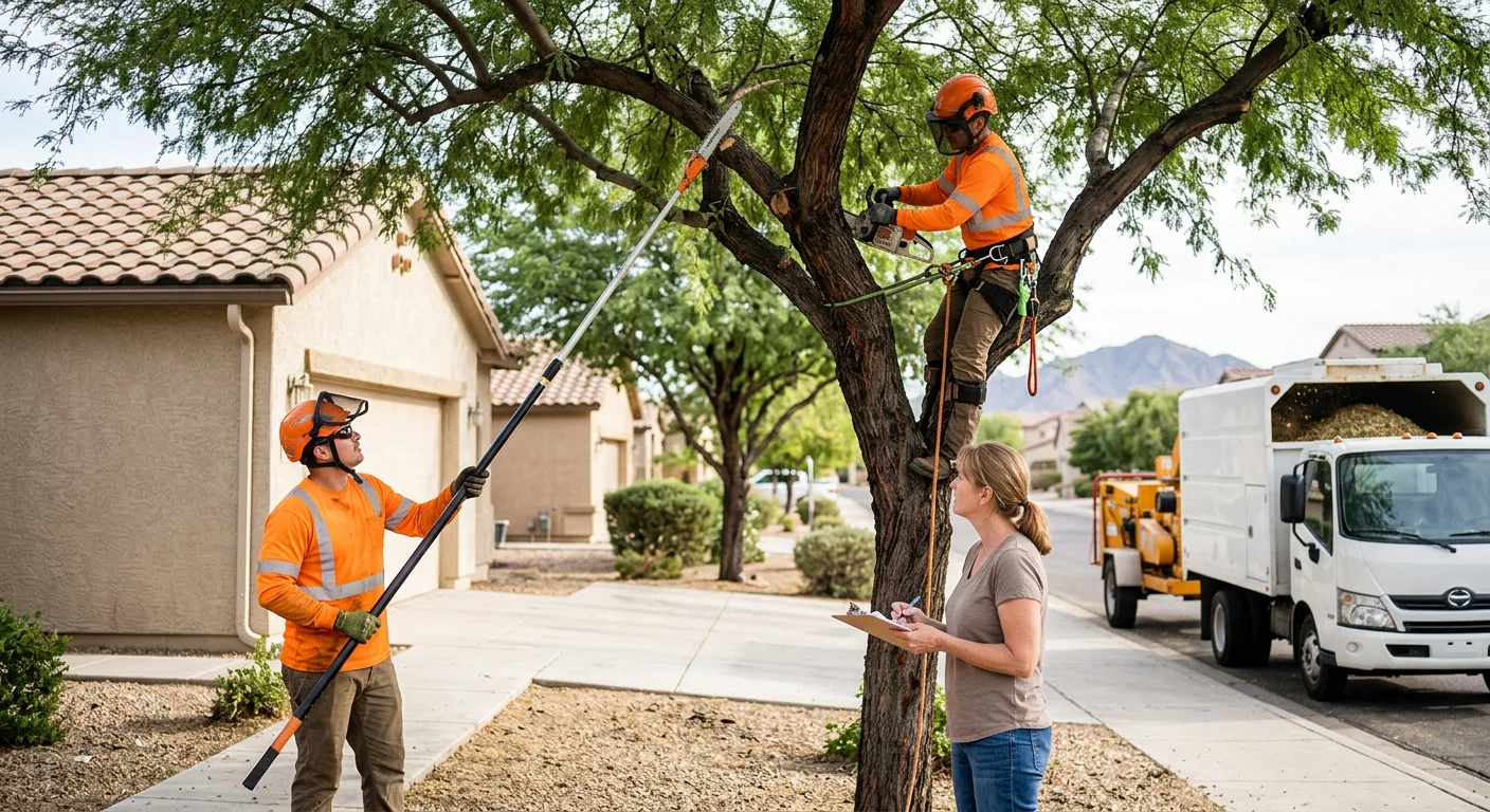 Arborist installing support cable in a mature tree canopy in Goodyear