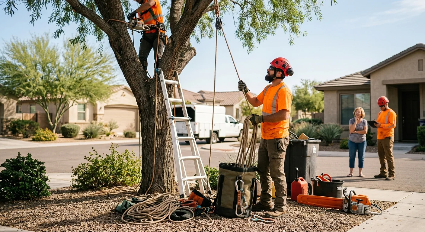Arborist installing support cable in mature canopy on a Goodyear residential property
