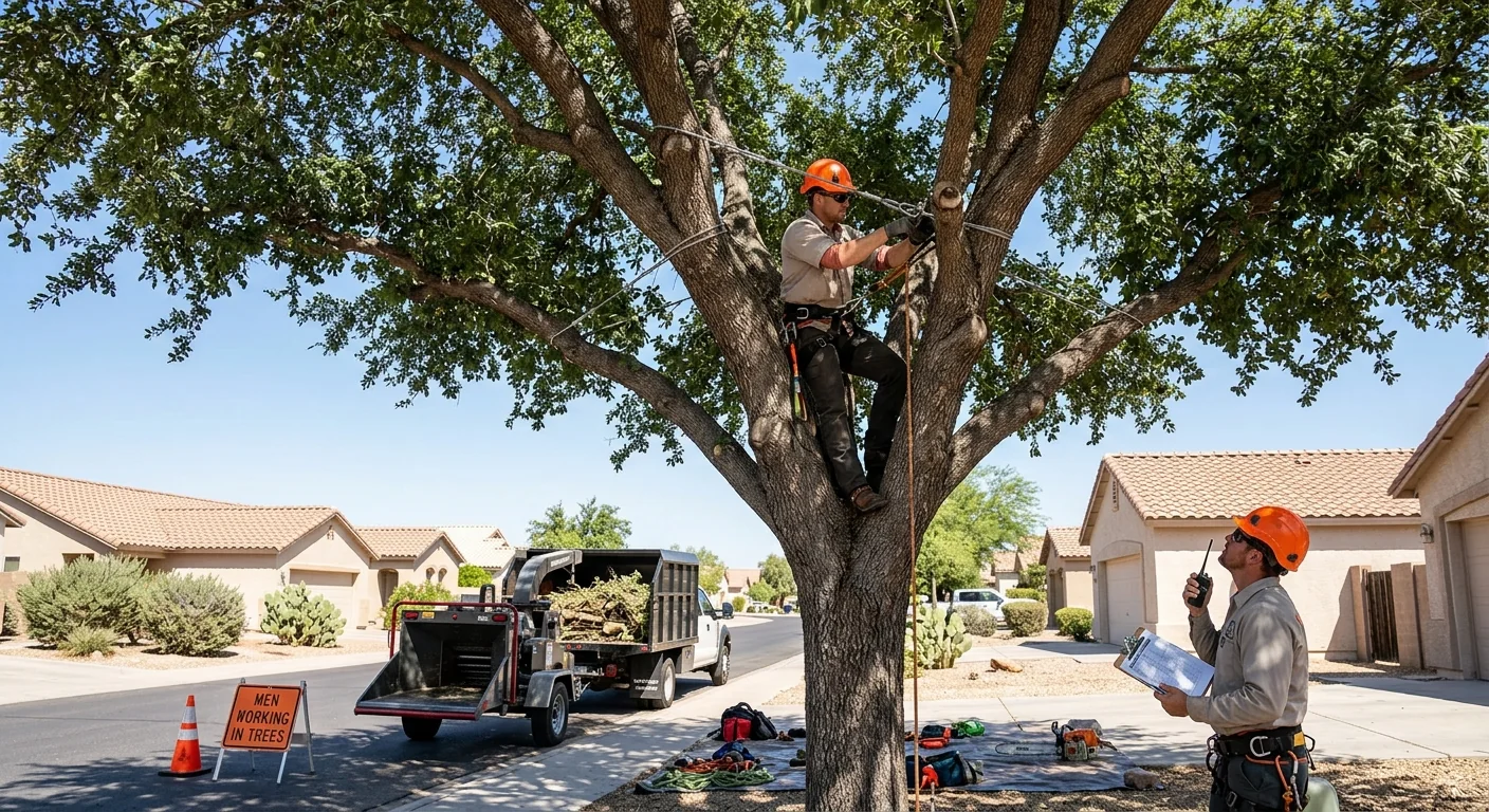 Wide view of a large canopy tree supported by cabling in Goodyear