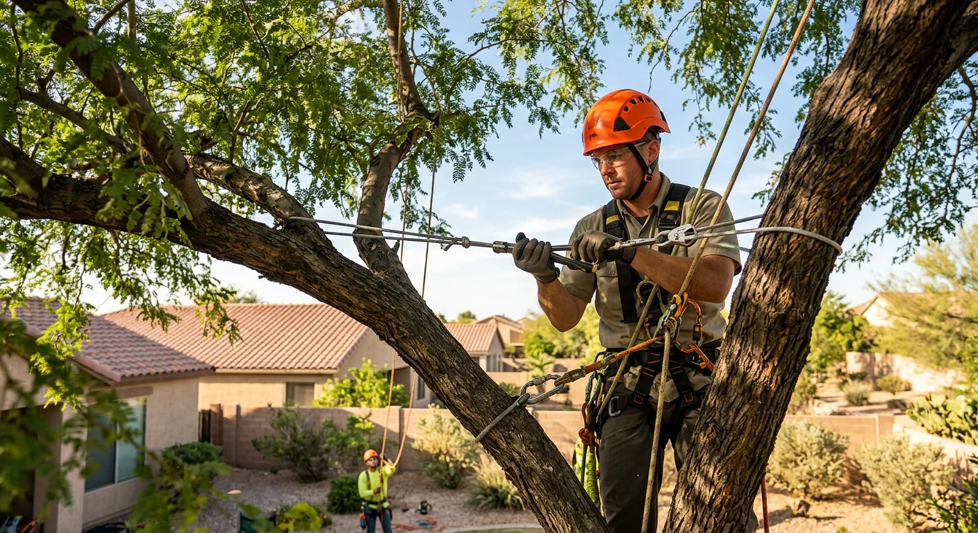 Arborist tensioning support cable high in a residential shade tree