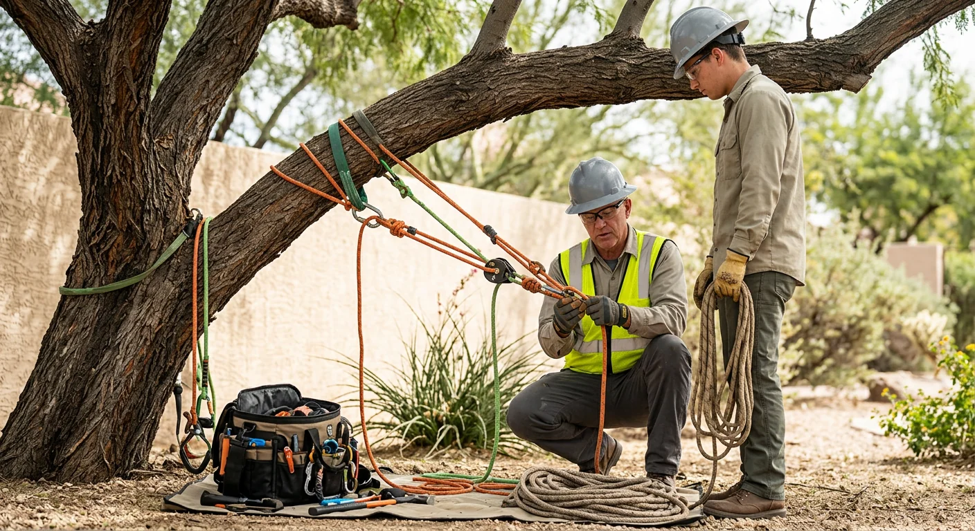 Rigging equipment set up beneath a large limb before cable installation