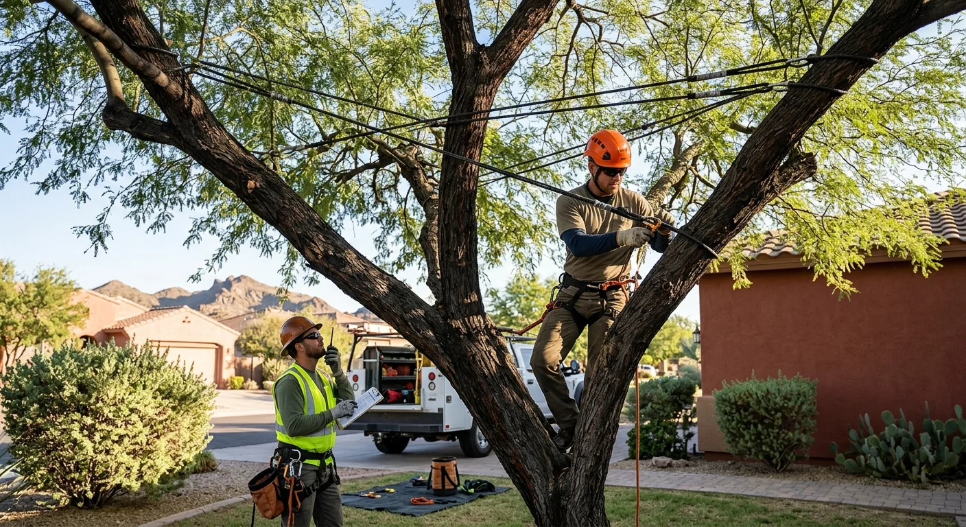 Finished multi-point bracing system on an older canopy tree