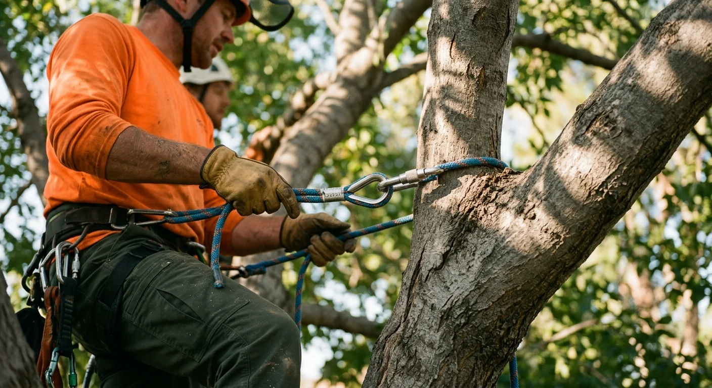 Detail of hardware anchor point secured on a heavy branch union