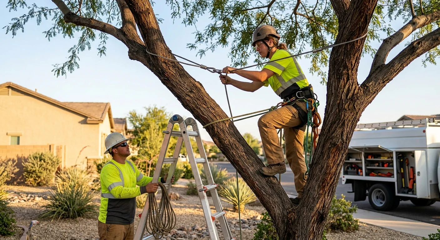 Storm-stressed tree stabilized with cabling on a Goodyear property