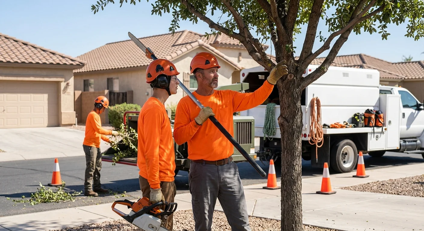 Arborist inspecting braced trunk union on a residential lot