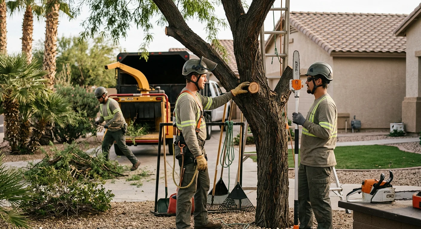 Arborist inspecting canopy health during a residential tree maintenance visit