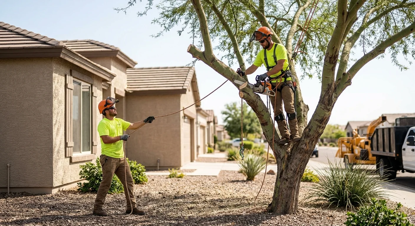 Arborist inspecting tree canopy health during maintenance visit in Goodyear neighborhood