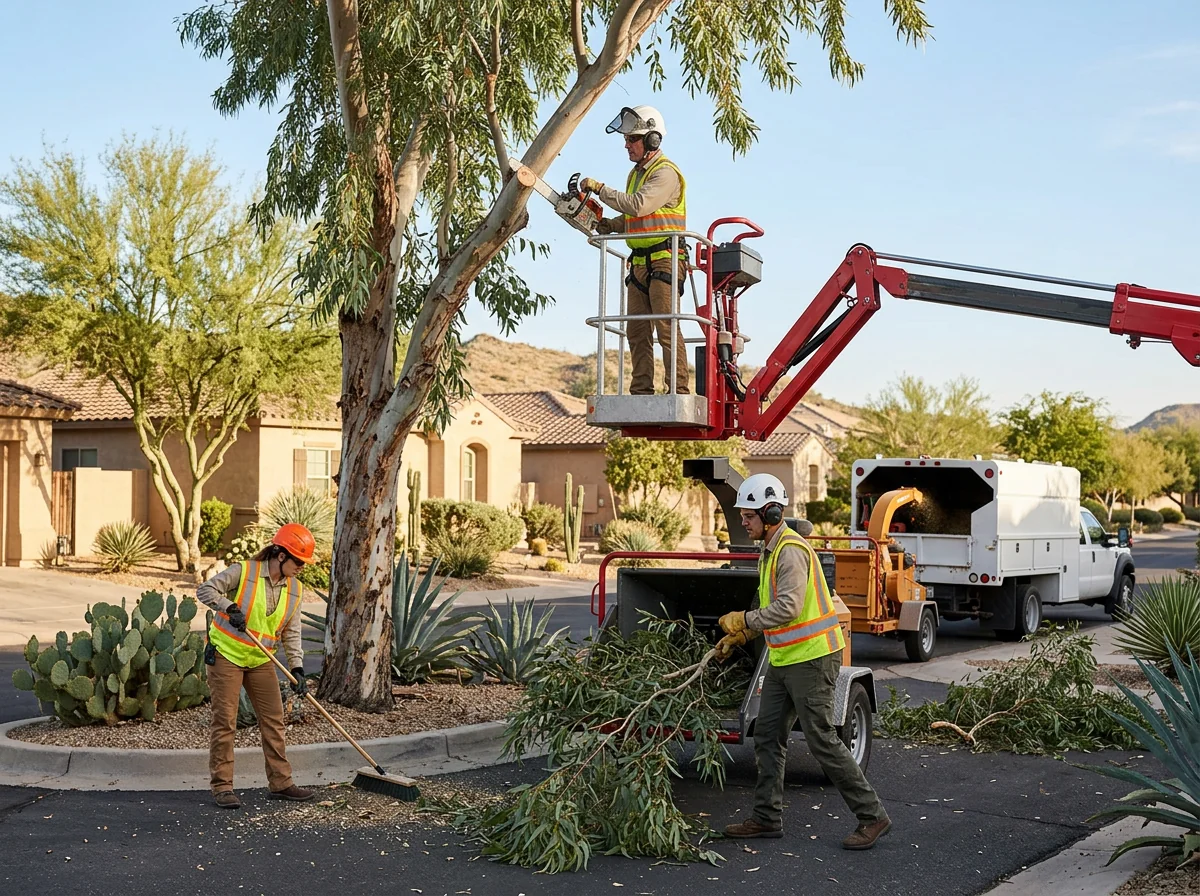 Crew member reviewing tree care plan with homeowner