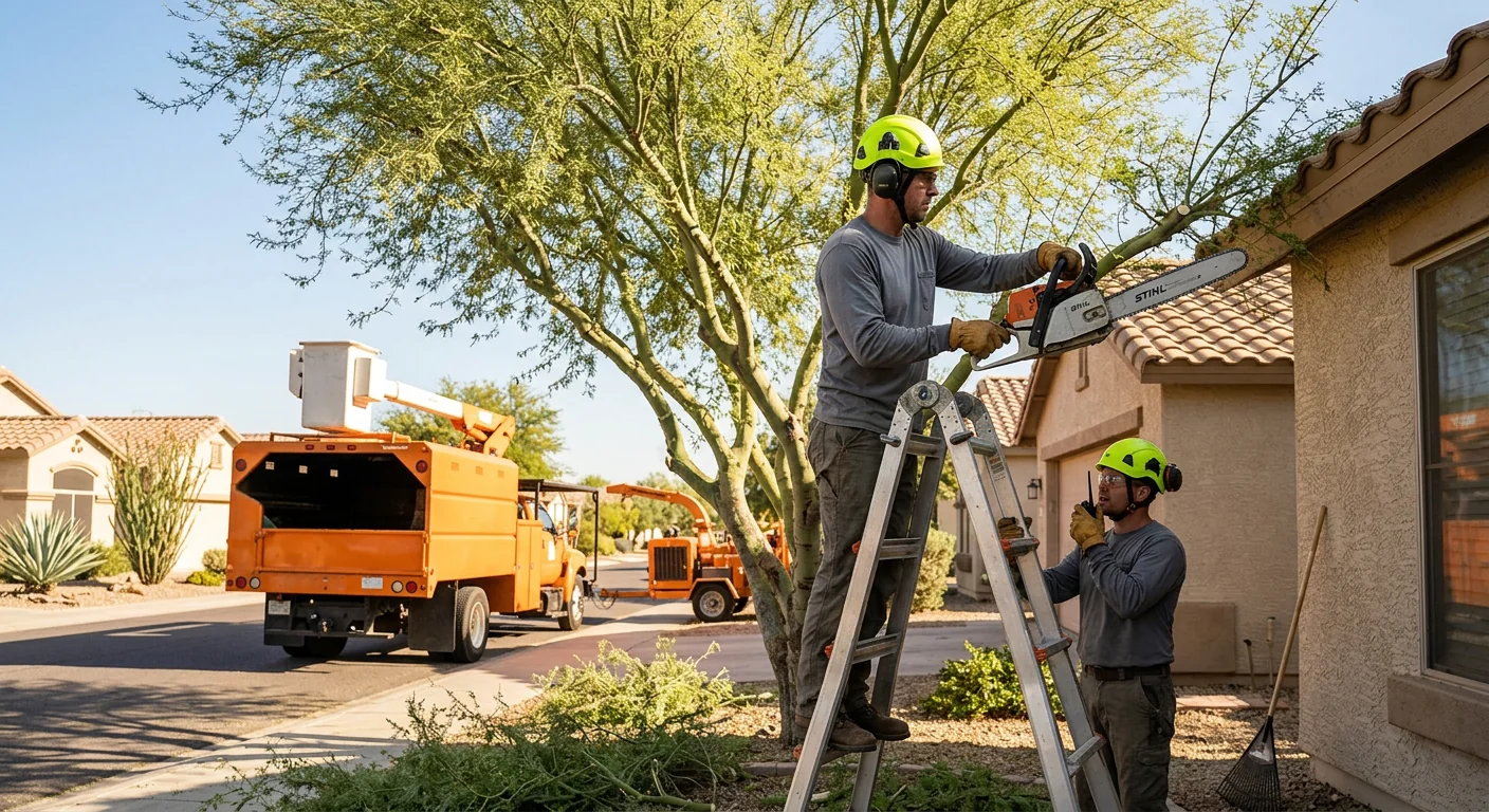 Arborist inspecting a mature shade tree canopy on a Goodyear residential property