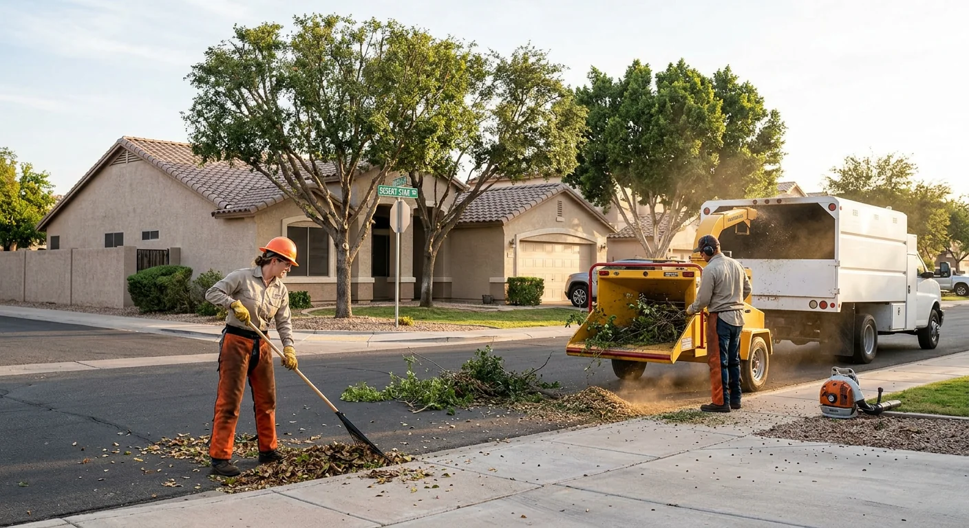 Wide shot of a trimmed residential canopy after maintenance in Goodyear