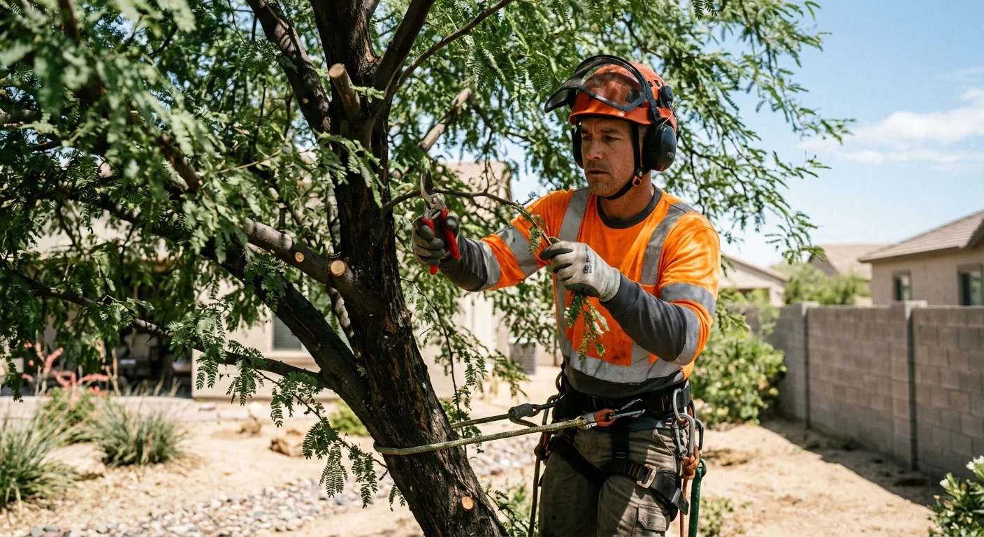 Arborist thinning a tree canopy with hand pruners on a suburban lot