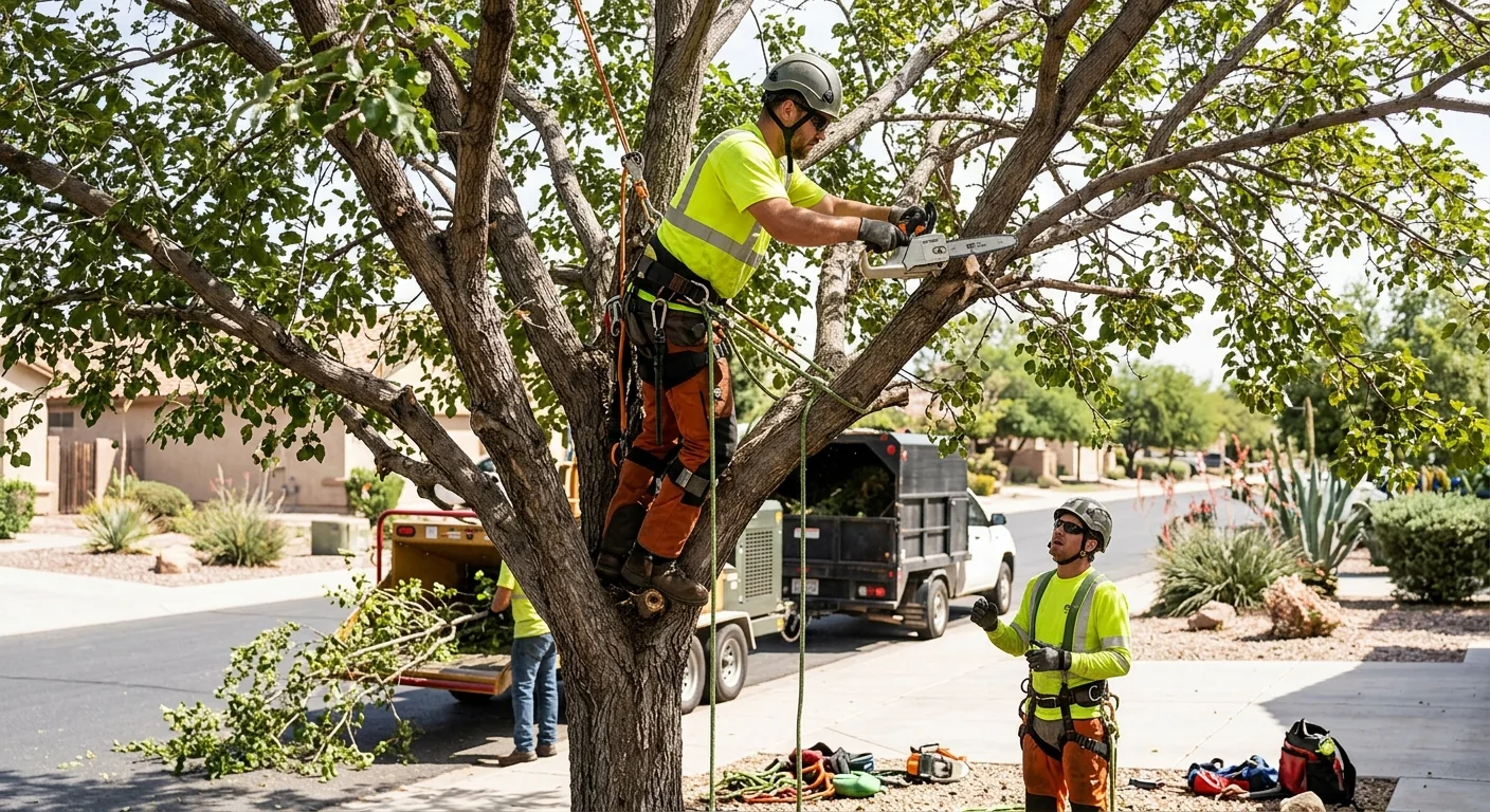 Deadwood removal in progress high in a large residential tree