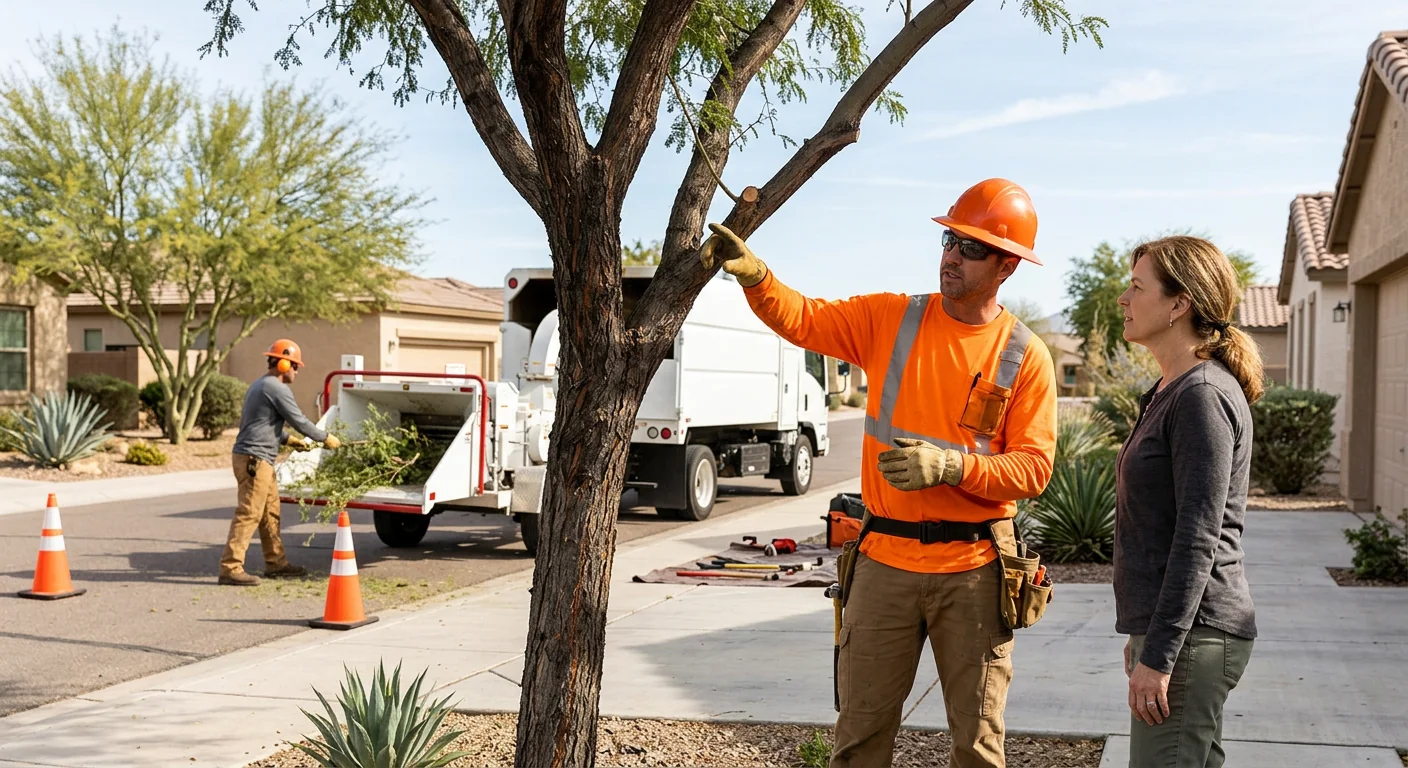 Crew performing seasonal pruning on a residential tree in Goodyear
