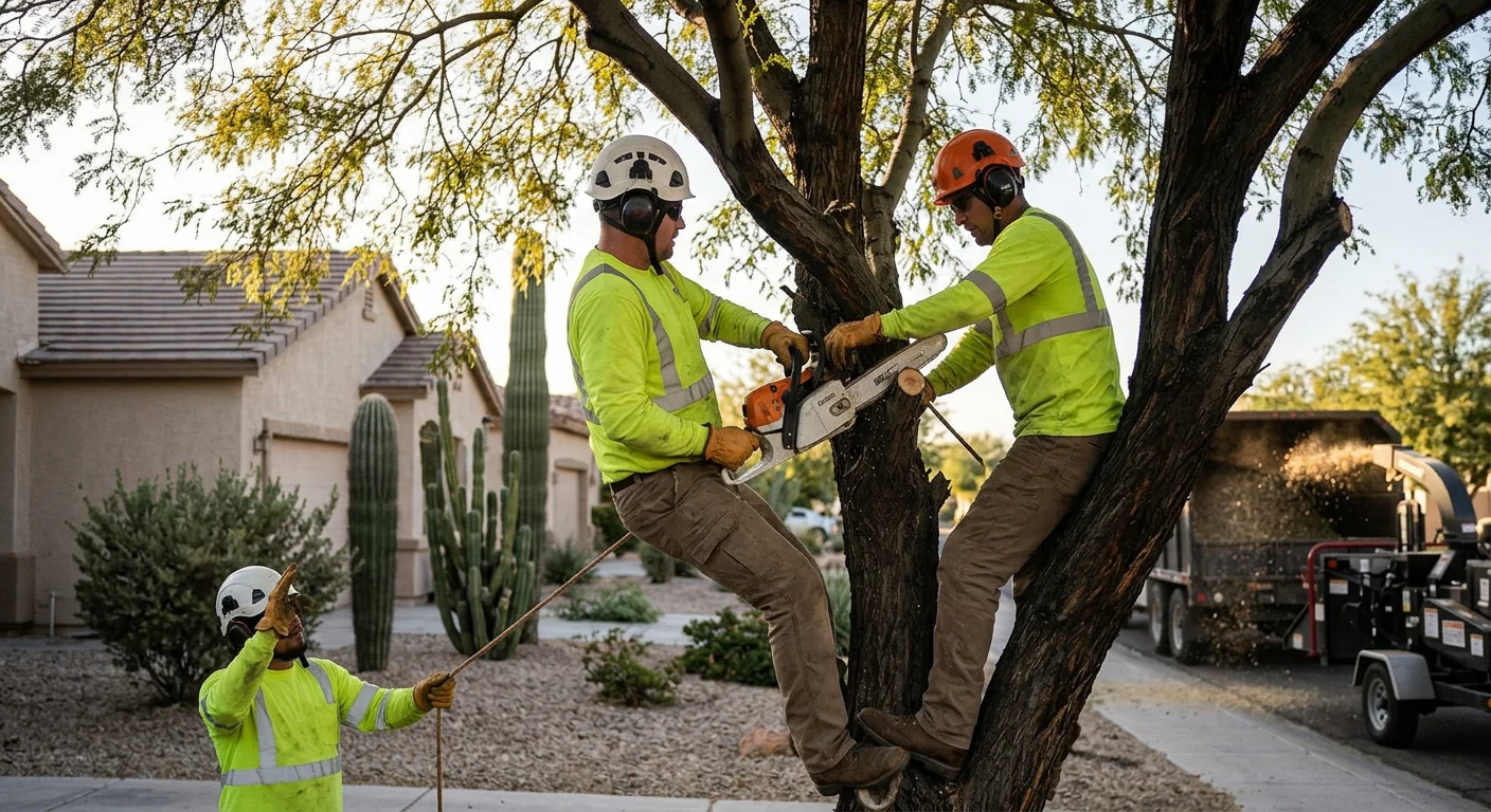 Crew planting a young tree with mulch ring on a Goodyear property
