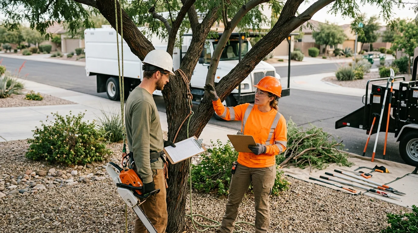 Landscaper measuring spacing for new tree placement
