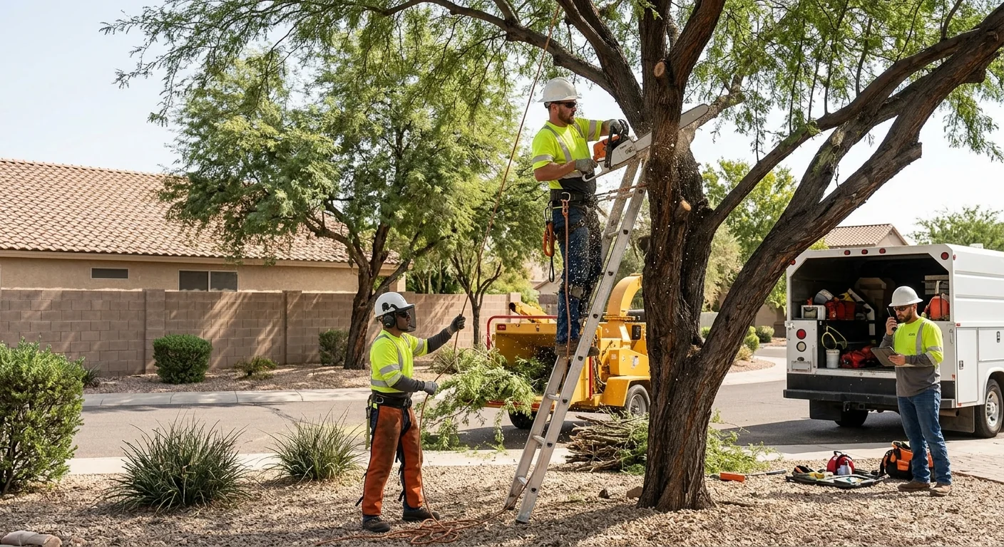 Crew planting young shade trees in a Goodyear residential yard