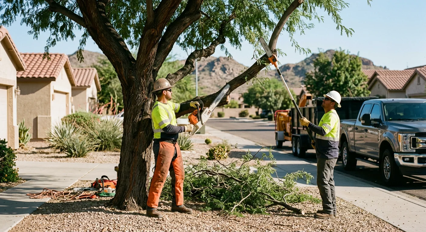 Crew placing a young tree with staking in a Goodyear residential yard