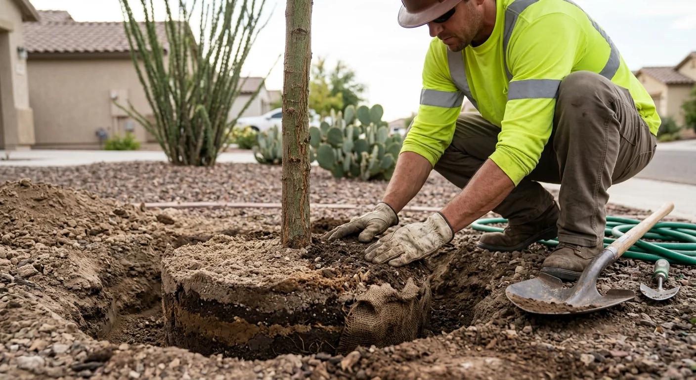 Close-up of a freshly planted shade tree with layered backfill in a residential yard