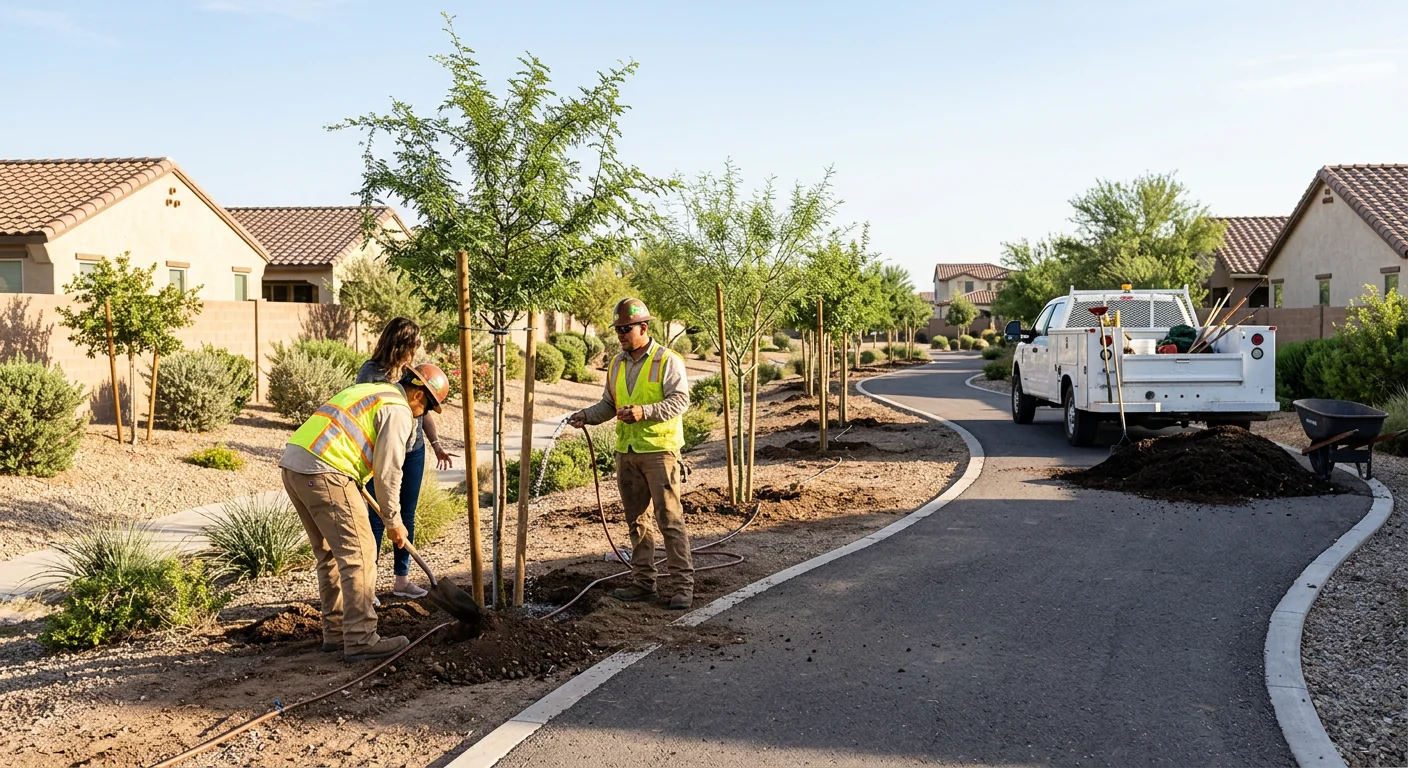 Wide shot of newly planted trees lining an HOA common area in Goodyear