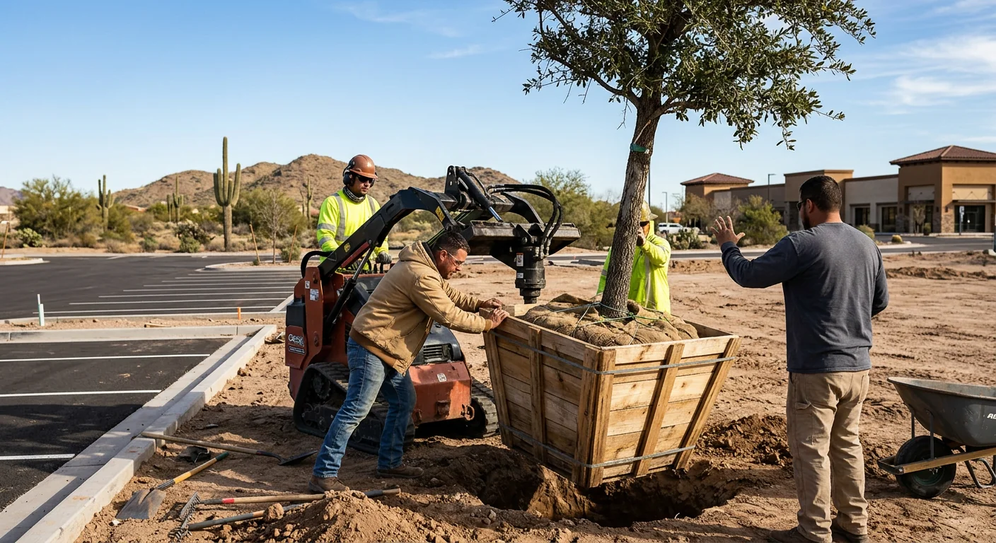 Crew setting a boxed specimen tree using a mechanical auger on a commercial lot