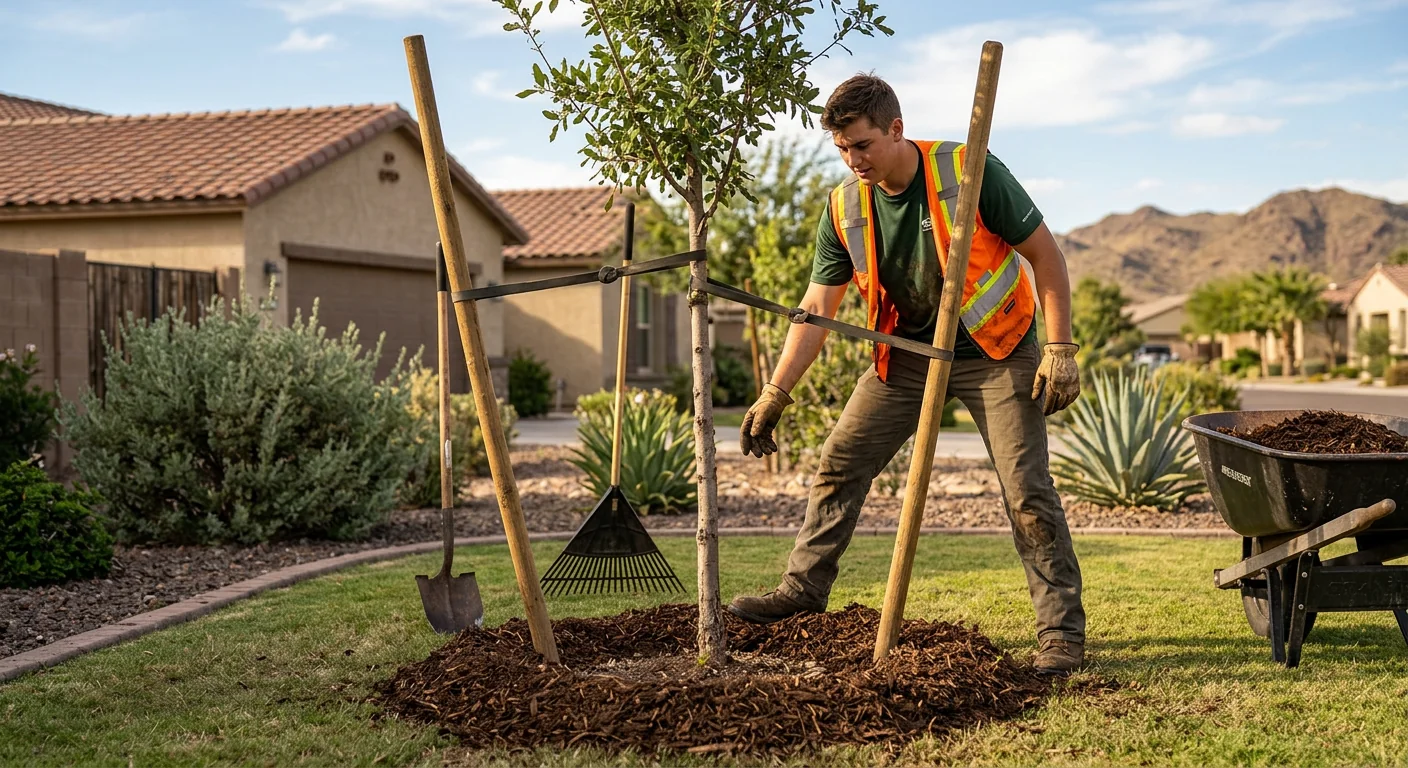 Staked young tree with a fresh mulch ring protecting the root collar