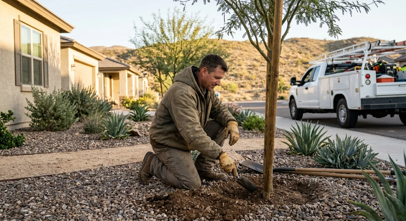 Finished backyard planting with several desert-adapted trees at correct spacing