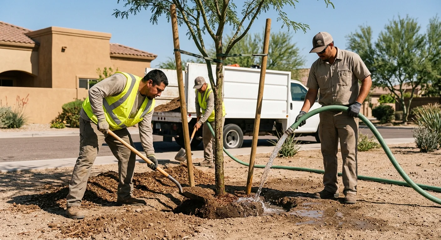 Workers backfilling and watering a newly installed tree at a Goodyear property