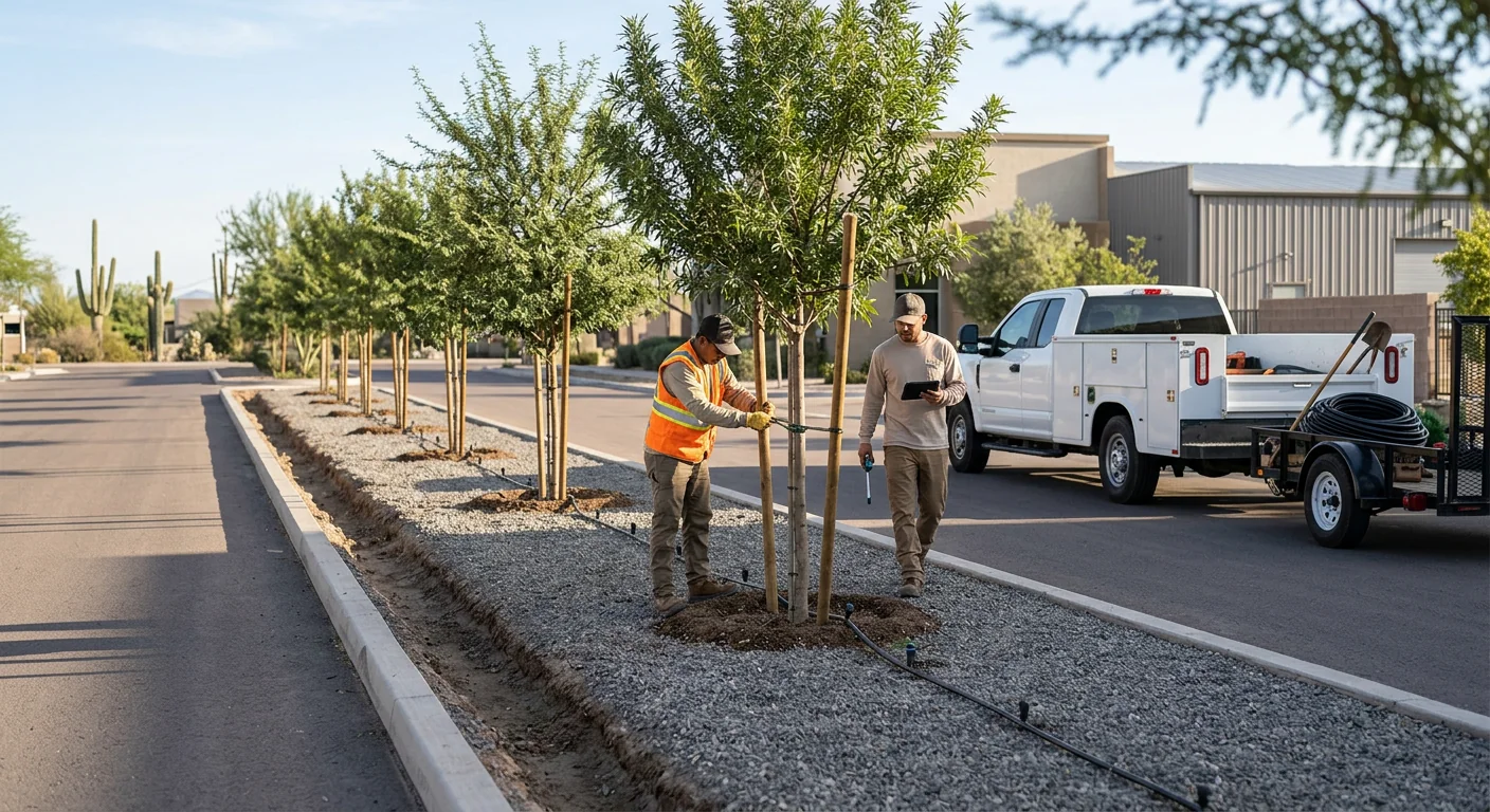 Completed commercial landscape planting row with even spacing and clean site
