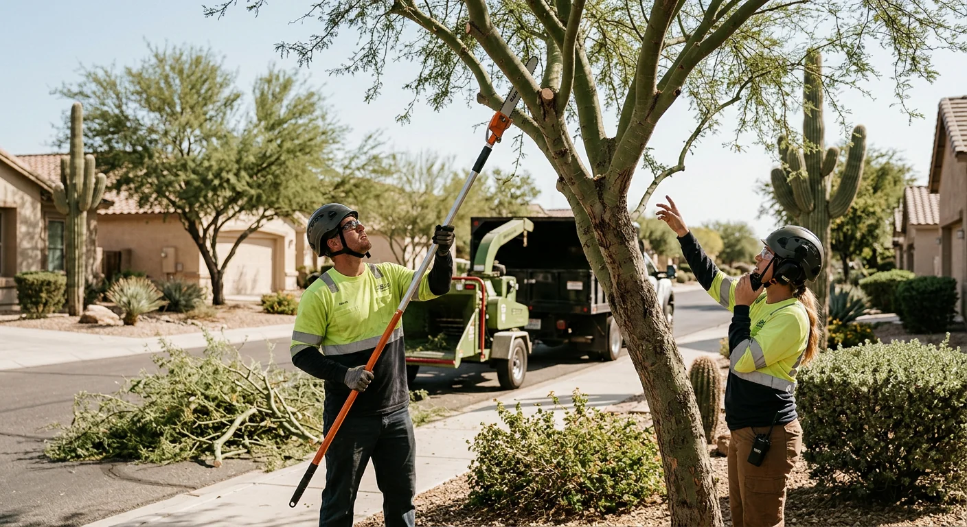 Arborist pruning a mature tree canopy on a residential Goodyear property