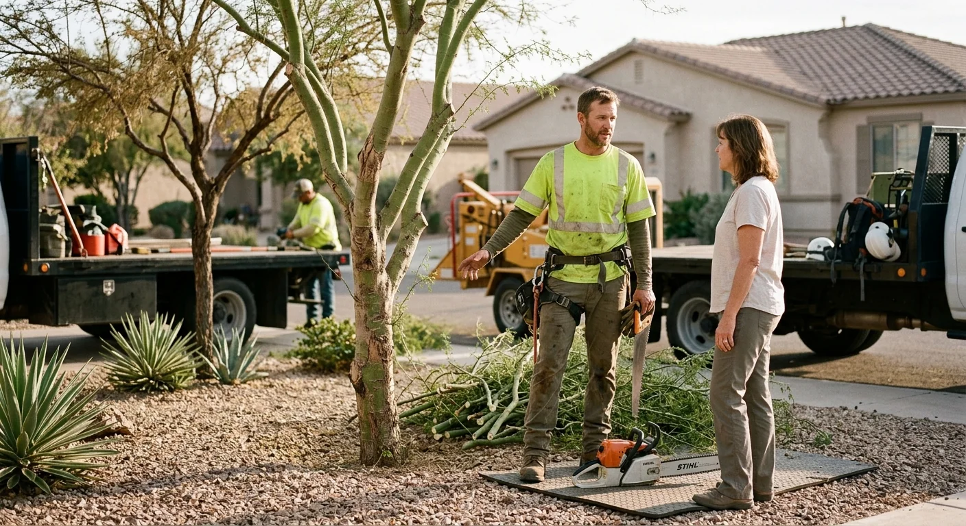 Arborist pruning mature shade tree in a Goodyear residential yard