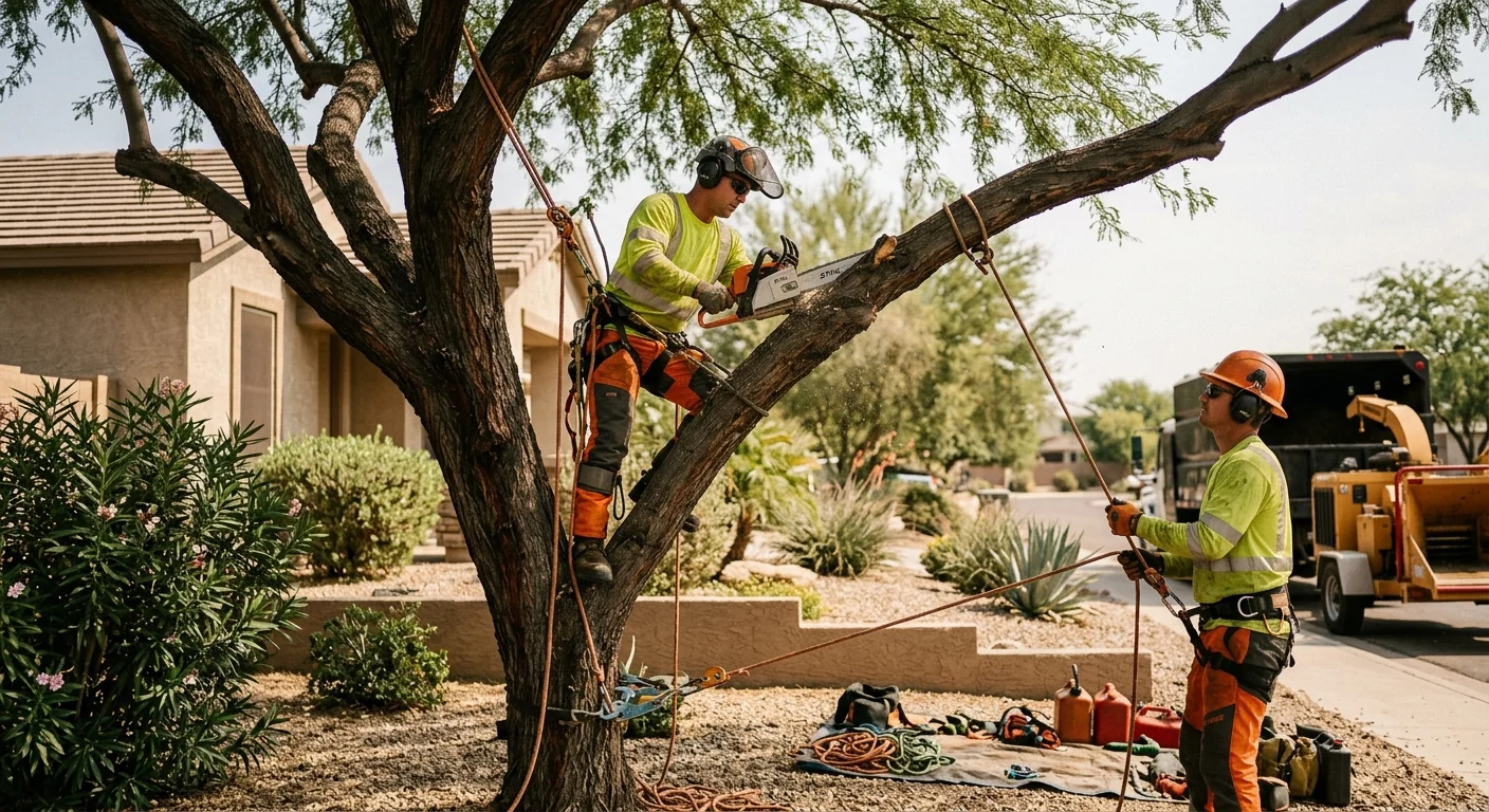 Arborist making a directional pruning cut on a shade tree in Goodyear